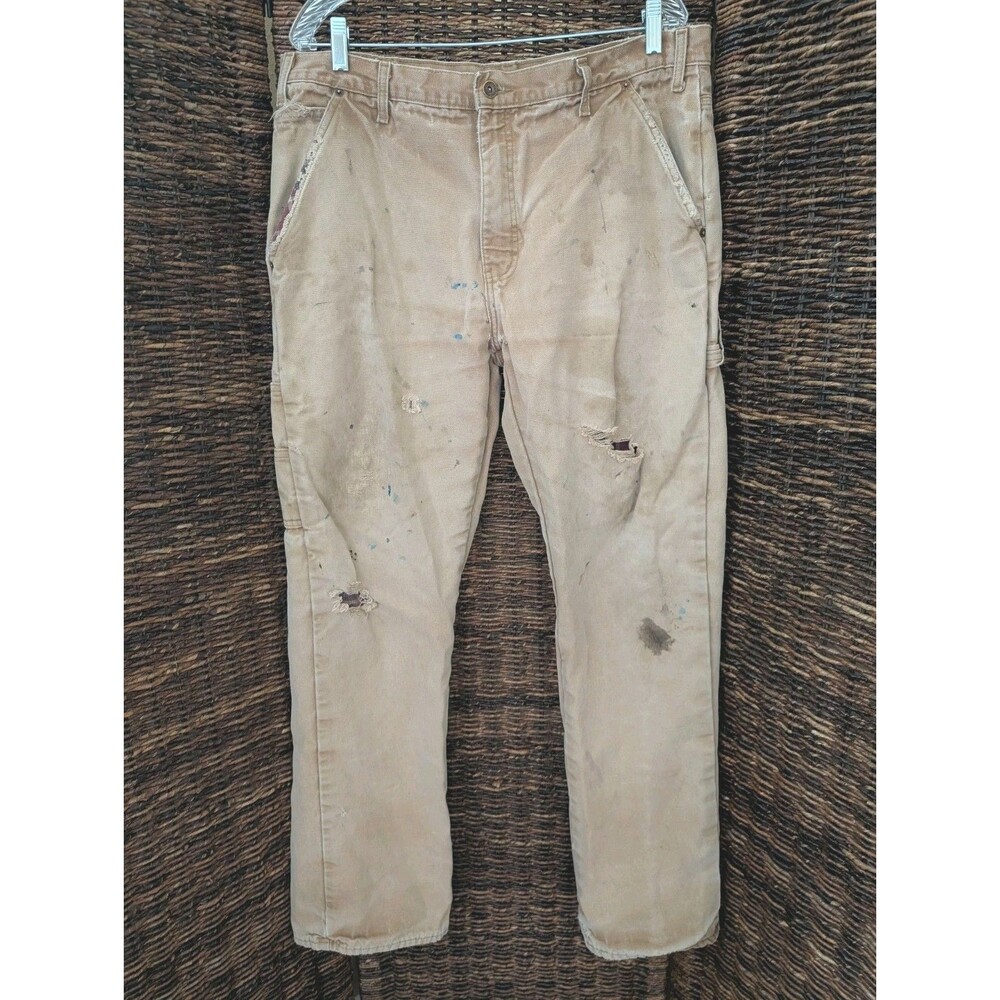 Dickies 36x34 Thrashed Flannel Lined Wide Leg Relaxed Fit Canvas Carpenter Pants